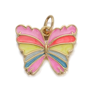 Detailed close-up of a colorful enamel butterfly pendant with a gold-plated metal frame