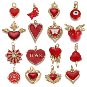 Copper Gold Plated Red Enamel Heart Pendant For Women DIY Necklace Bracelet Accessories Rhinestone Star Butterfly Charm
