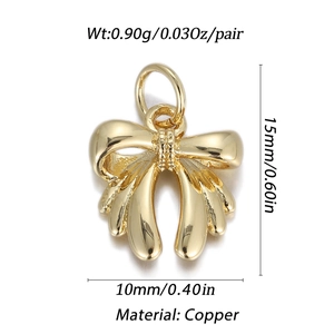 Detailed specs of golden bow jewelry clasp, copper material, 15mm size, 0.90g weight