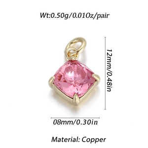 Close-up of pink cushion-cut zircon pendant with copper base and size measurements
