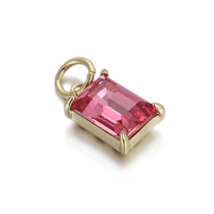 Pink emerald cut gemstone pendant with gold-plated geometric setting and bail