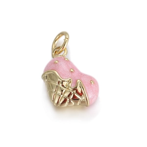 Detailed macro view of pink glitter enamel ice cream charm with golden base and loop