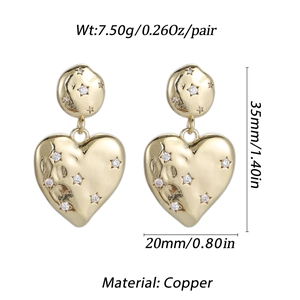 Detailed view of gold heart earrings with zircon stars and size dimensions