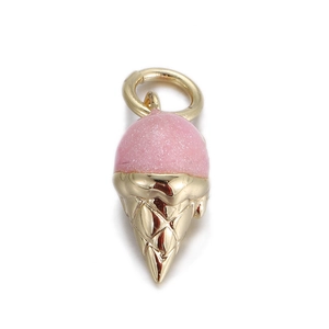 Detailed view of pink glitter ice cream pendant with golden cone for DIY jewelry