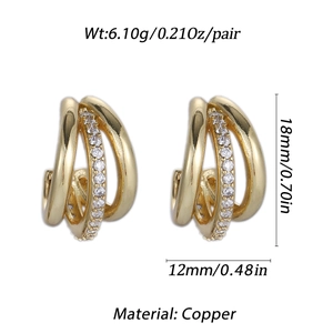Detailed view of gold triple-layered copper hoop earrings with micro-pave zircon inlay