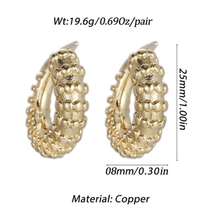 Detailed view of textured gold hoop earrings with dimensions 25mm height and 8mm width