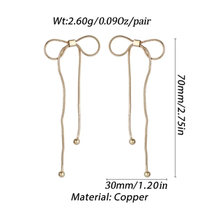 Detailed size specifications for gold bow earrings with metal ball fringe charms
