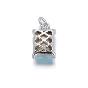 Detailed back view of rectangular light blue gemstone pendant in silver geometric setting