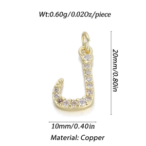 Detail of 14K gold plated letter J pendant with zircon inlay and product dimensions