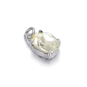 Detail showing a silver four-prong pendant with a large oval yellow gemstone