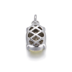 Detail view showing hollow mesh structure back of a silver geometric pendant with yellow stone