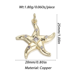 Detailed view of 14K gold plated starfish pendant with zircon stones and dimensions