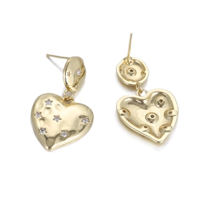 Detailed front and back view of gold heart dangle earrings with inlaid star zircons