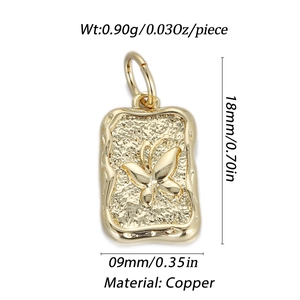 Detail of square gold butterfly pendant with hammered texture and 18x9mm dimensions