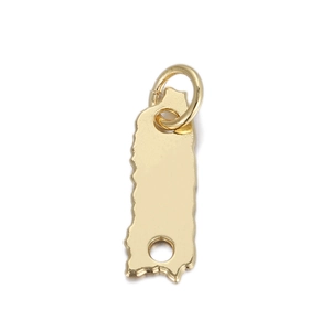 Macro view of 14K gold filled map shaped pendant with smooth polished finish and top ring