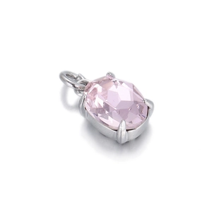Detailed view of pink faceted oval crystal pendant with silver four-prong setting