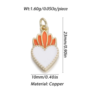 Golden copper heart pendant with orange flame detail and white enamel finish for DIY jewelry