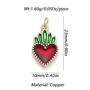 Copper red enamel heart pendant with green leaves and 23mm height measurement info