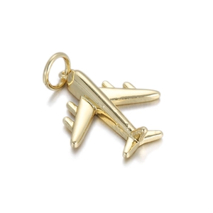 Polished 14K gold-plated airplane pendant charm with smooth metallic surface for DIY jewelry