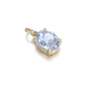 Detail of light blue faceted oval crystal pendant with gold-plated four-claw setting