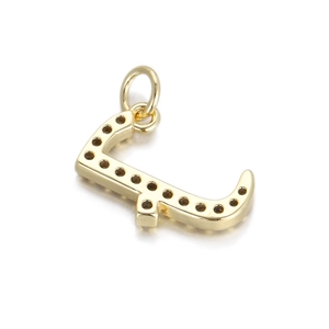 Detailed close-up of 14K gold plated letter J pendant with micro-pave black zircon stones