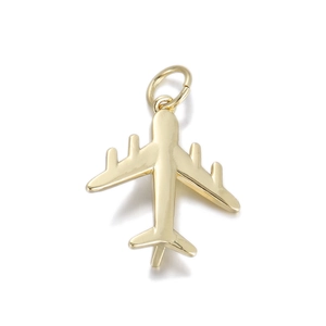 Detailed 14K gold plated airplane charm with dual wings and a circular hanging loop