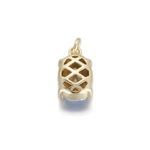 Detailed back view of gold-plated geometric pendant with hollow rhombic texture and blue gem