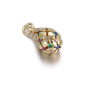 Detailed macro view of 14K gold plated egg pendant with colorful mosaic gemstones