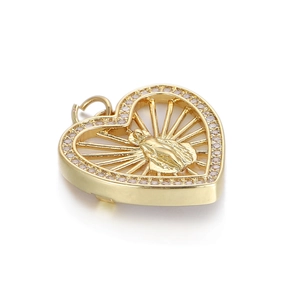 Gold heart pendant with Virgin Mary relief and white zircon inlay on white background
