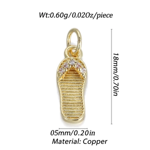 Macro shot of 14K gold-plated flip-flop pendant with dimensions and weight specs