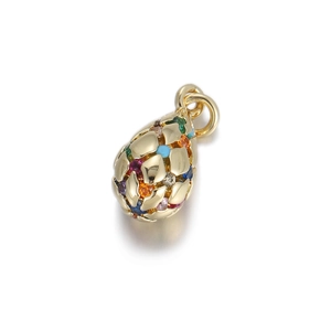 Macro view of 14K gold-plated teardrop pendant with colorful scale-like gemstone inlay