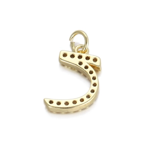 Detailed macro view of a 14K gold plated Arabic letter J pendant with micro-pave settings