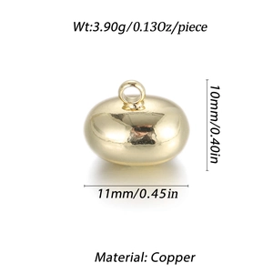 Detailed specs of gold oval pendant showing copper material, 3.90g weight and 11mm size