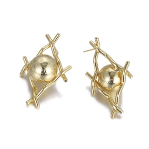 Golden bow knot stud earrings with lattice pattern and micro-set zircon accents