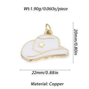 Detailed close-up of a white enamel cowboy hat charm with gold border and copper core