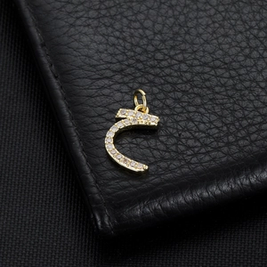 Close-up of 14K gold plated Arabic letter pendant with micro-pave zircons on black leather
