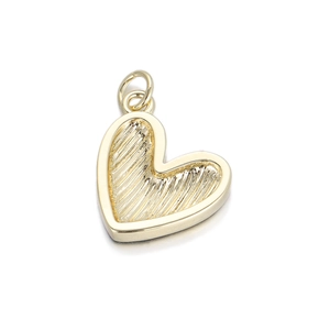 Macro view of matte 14K gold plated heart charm with brushed texture and top loop