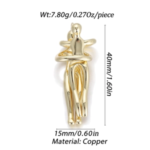 Detail view of gold-plated couple hugging pendant with dimensions and weight info