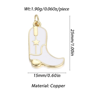 White enamel cowboy boot pendant in copper with gold star detail and size measurements