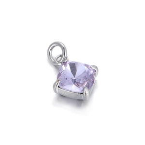 Close-up of light purple square gem pendant with silver four-prong setting for DIY jewelry