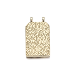 Detailed view of rectangular gold-plated pendant featuring unique hammered texture finish