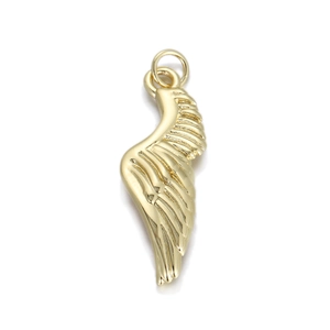 Detailed view of a 14K gold-plated wing pendant with delicate feather textures
