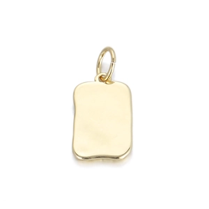 Detailed view of rectangular gold pendant with hammered texture and polished finish