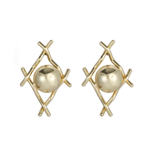 Golden bow-knot stud earrings featuring a geometric lattice cross and polished metal ball