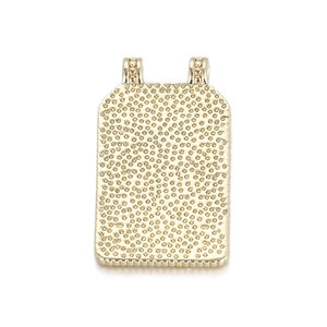 Detailed close-up of rectangular gold-plated pendant with textured hammered surface