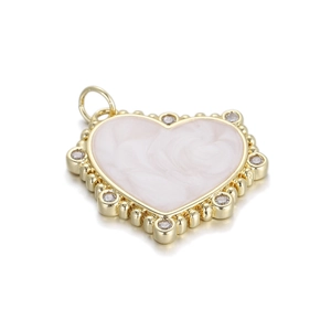 Pink marble heart pendant with gold plating and sparkling crystals for DIY necklaces