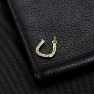 Detailed close-up of a horseshoe pendant with pavé crystals on black leather