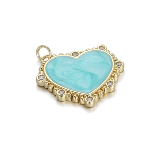 14K gold plated heart pendant with mint green enamel and sparkling rhinestones