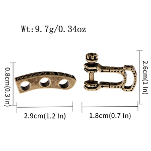 Vista tecnica del connettore in bronzo e grillo a U con misure precise per braccialetti