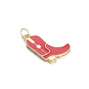 Detailed view of a red enamel cowboy boot charm with a gold star and metallic ring